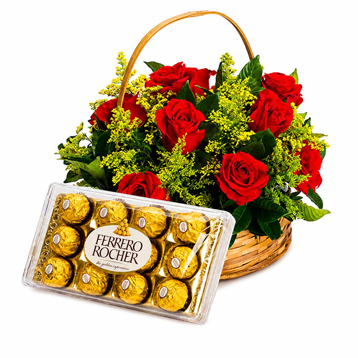 Cesta de rosas com ferrero